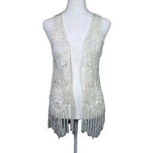 Ivory Fringed Crochet Open Front Cardigan Womens Small Festival Boho Hippie